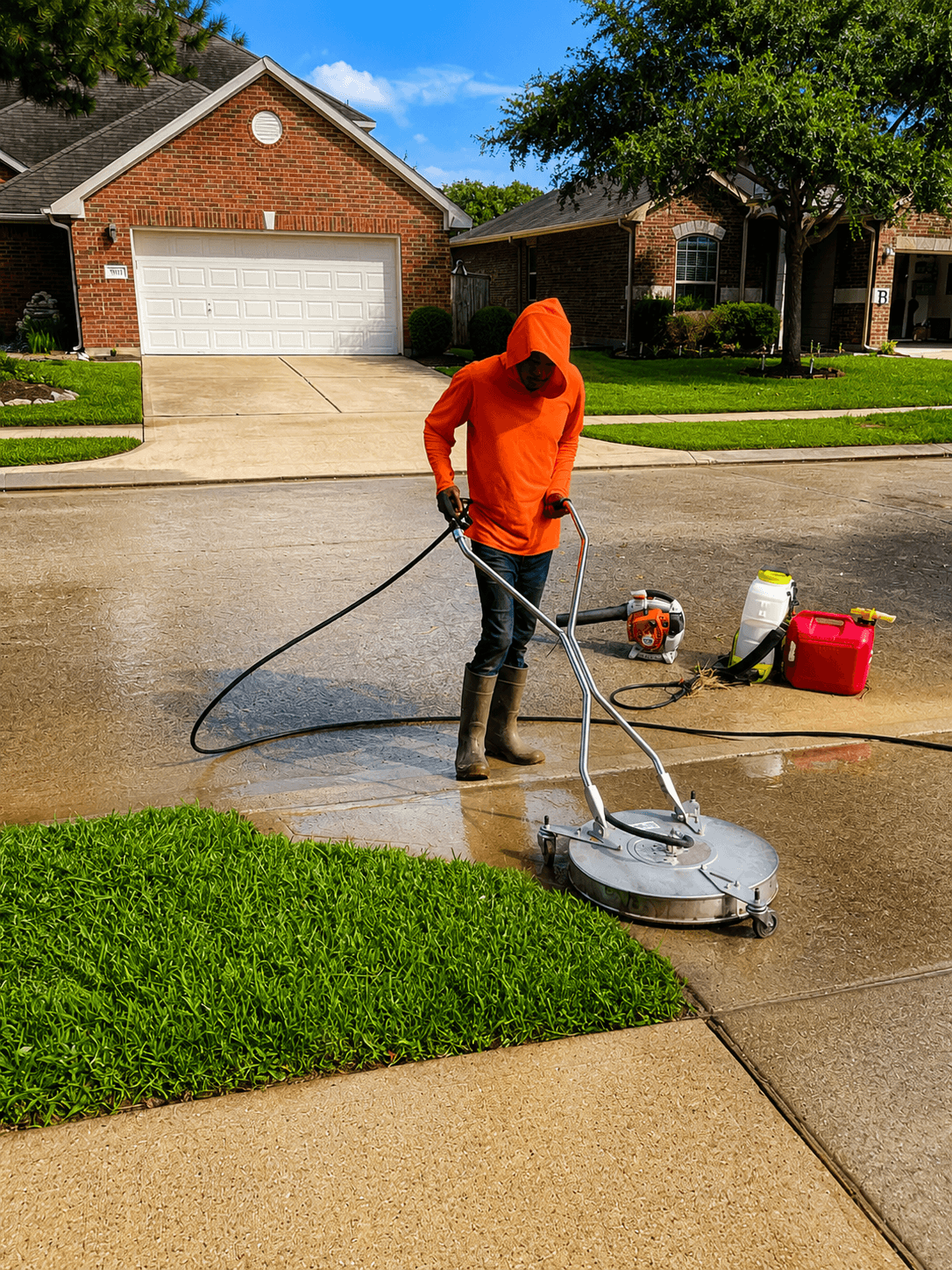 Surface cleaner removing buildup from a Houston area driveway